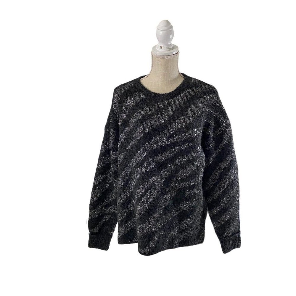 See U Soon Women Black Silver Wool Long Sleeve Crew Neck Sweater Sz Sm/Med NWT